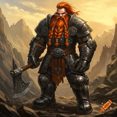 Bearded dwarf woman holding an axe in a mountainous landscape. on Craiyon