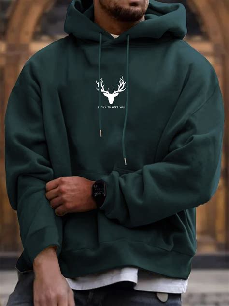 Manfinity Homme Men Deer & Slogan Graphic Kangaroo Pocket Drawstring ...