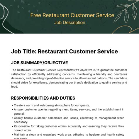 Free Restaurant Customer Service Job Description Template to Edit Online