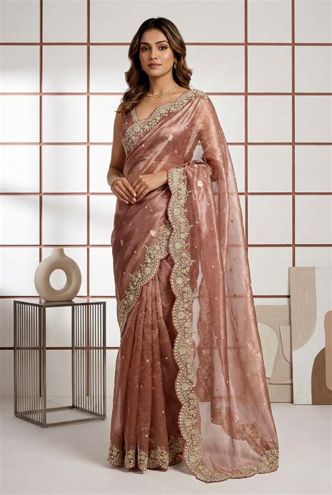 Neerus Pink Floral Hand Embroidered Organza Saree - Saree + Blouse ...
