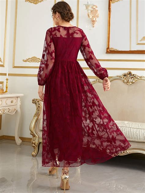 SHEIN Modely Burgundy Red Butterfly Embroidery Mesh Lantern Sleeve ...