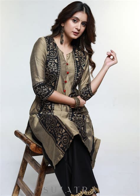 Dark Beige Cotton Silk Kurta with Warli print-Pant Optional – Sujatra