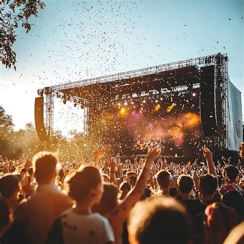 People are standing in front of a stage with confetti falling from the ...