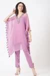 Buy Purple Chiffon Embroidered Pearl V Neck Kaftan Kurta And Pant Set ...