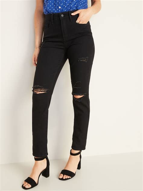 High-Waisted Distressed Power Slim Straight Black Jeans For Women | Old ...