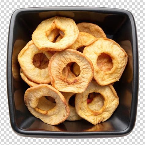 A top view dried fruit apples rings in square isolated white background ...