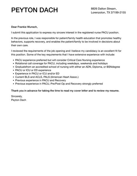 Registered Nurse PACU Cover Letter | Velvet Jobs