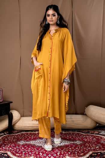 Buy Yellow Cotton Silk Coin Tassels Band Collar Kaftan And Bandhani ...