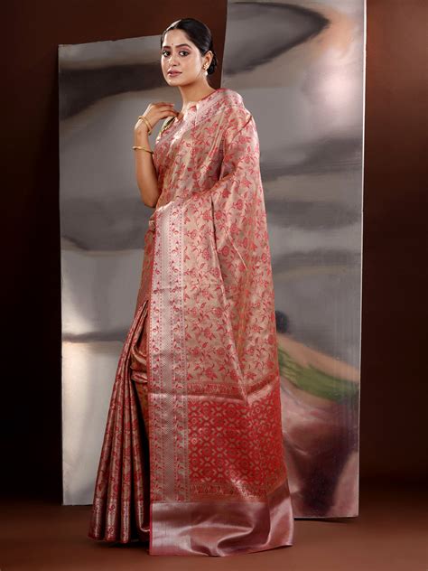Beige And Red Silk Blend Handwoven Saree With Woven Floral Designs ...
