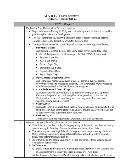 M. Sc IT Part 1 Data Science Question Bank - Unit 1 Overview - Studocu
