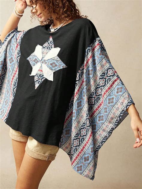 Bohemela Women's Knitted Patchwork Round Neck Loose Flared Sleeve T ...