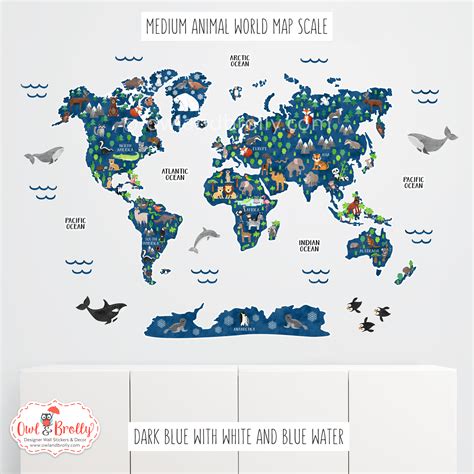 Wildlife World Map Animal World Map Wall Sticker Classic Blue – Owl