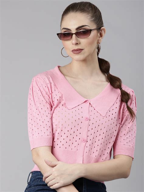 SHOWOFF Women's Short Sleeves Shirt Collar Pink Self Design Crop Top