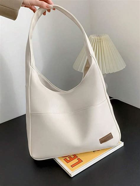 Medium Hobo Bag Letter Patch Decor Vintage, Minimalist Style Women Bag ...