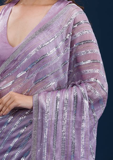 Buy Lavender Sequins Semi Crepe Saree - Koskii