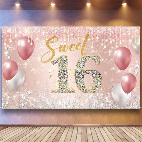 PHXEY Sweet 16 Birthday Backdrop Banner, Pink Rose Gold India | Ubuy