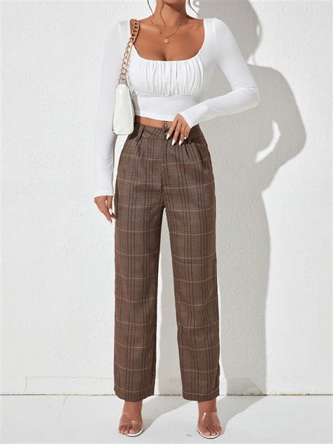 SHEIN PETITE Plaid Print High Waist Trousers | SHEIN UK