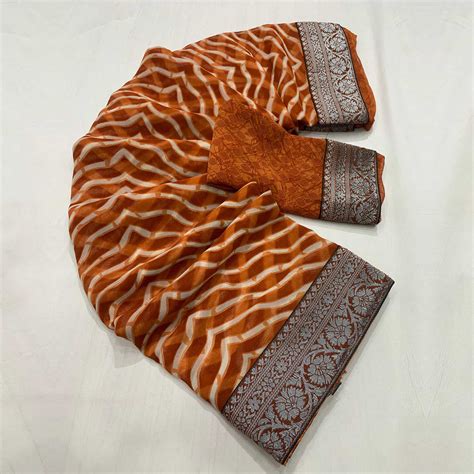Rust Leheriya Printed Georgette Saree With Woven Border