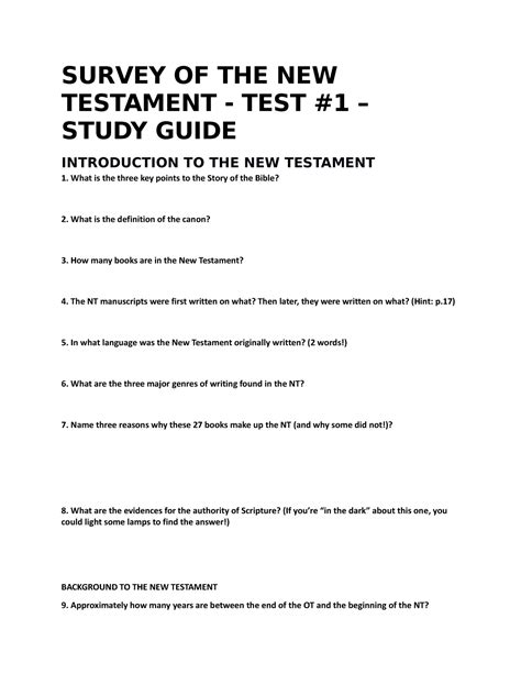 N.T. Sudy Guide #1 - SURVEY OF THE NEW TESTAMENT - TEST #1 – STUDY GUIDE INTRODUCTION TO THE NEW ...