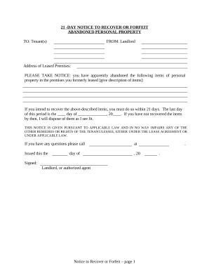Arizona 21-Day Notice to Recover or Forfeit Abandoned Property - Blank ...