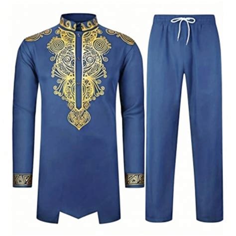 CONZONE Men's Outfit Sets Casual Ethnic Hot Gold Muslim Tops Pants ...