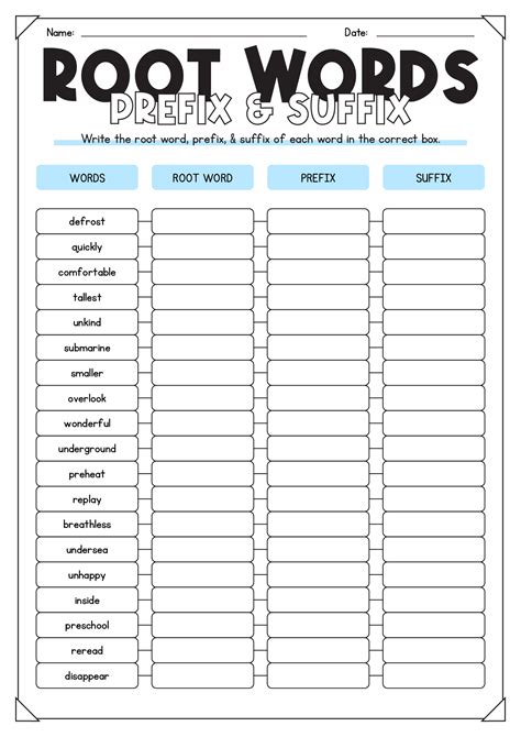 Root Words Prefix And Suffixes Sheet