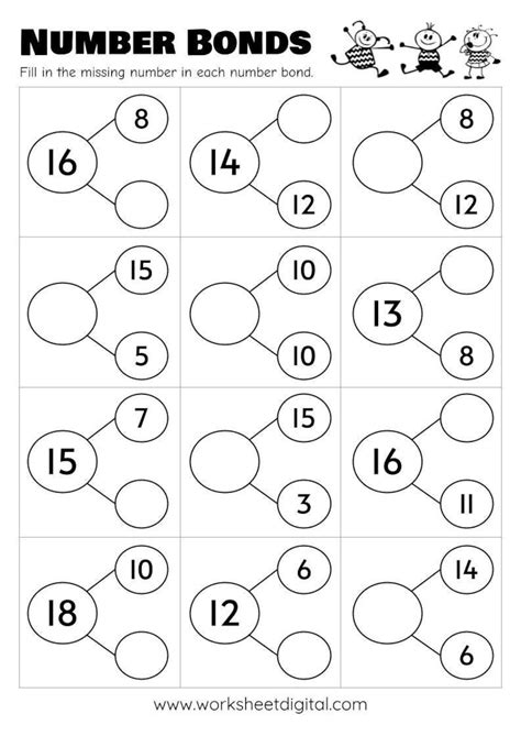10 Printable Number Bonds Math Worksheets, Numbers 1 to 20 ...