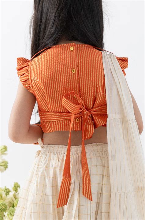 Pre-Order: Girl Stripes Lurex Lehenga Set-Orange– Peony Kids Couture
