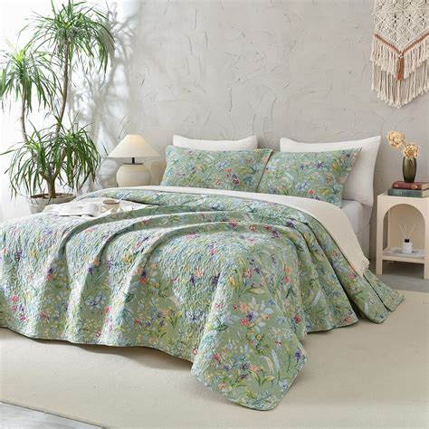 Sanracie Oversized King Bedspread(120"x120"),100% Cotton Green Floral ...