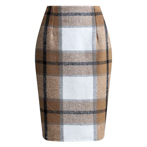 FrzhBrz Womens Plaid Skirt Knee Length High Waisted Wool Plaid Midi ...