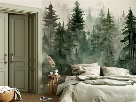 Watercolor Pine Tree Forest Mural: Peel & Stick Woodland Wallpaper ...
