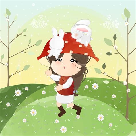 Cute little girl with mushroom hat and bunnies | Premium Vector
