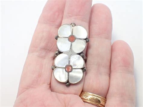 BOWEKATY Large Mother of Pearl and Coral Sterling Silver Zuni NA Ring ...