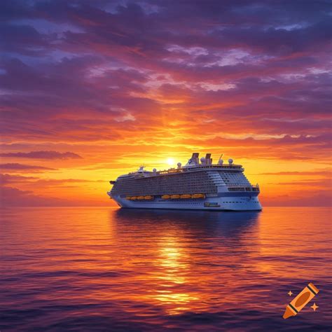 A large cruise ship sails on the ocean at sunset with vibrant orange ...