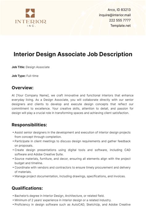 Free Interior Design Associate Job Description Template to Edit Online