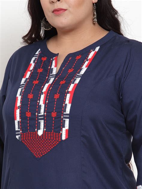 plusS Women Navy Blue Red Yoke Design Straight Kurta – pluss.in