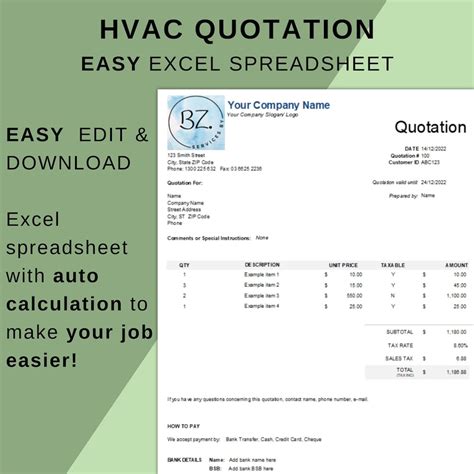 Quote Template HVAC Air Conditioning Excel Invocie Inspection ...