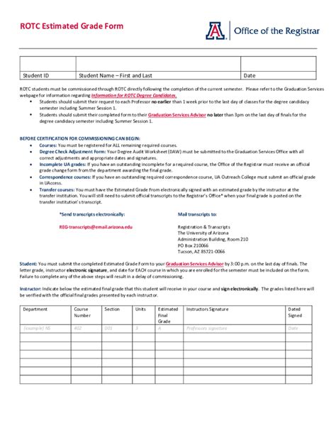 Fillable Online registrar arizona ROTC Estimated Grade Form Fax Email ...