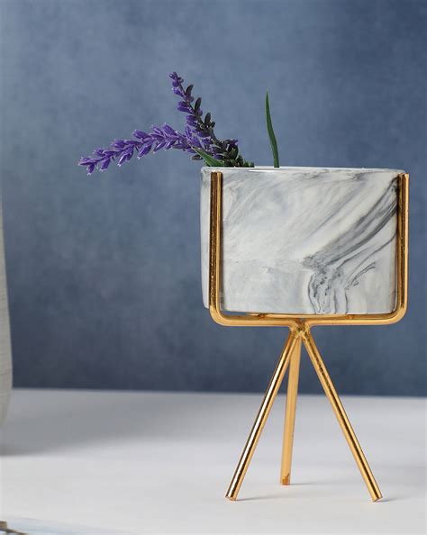 Buy White and Grey Marble Ceramic Planter with Gold Three-Legged Stand ...