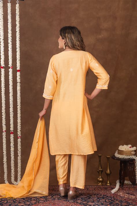 Jashn Chikankari Mustard Nyra Cut 3PC Kurta Set with Dupatta – Gharana ...