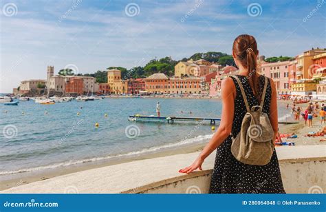 Tourist Woman in Sestri Levante, Liguria, Italy. Scenic Fishing Village ...
