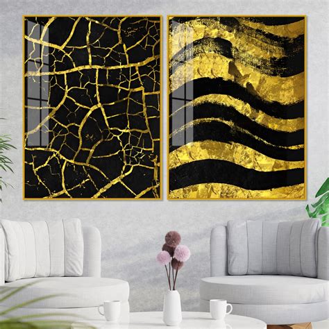 Luxury Black and Gold Marble Texture Acrylic Floating Wall Painting Se ...