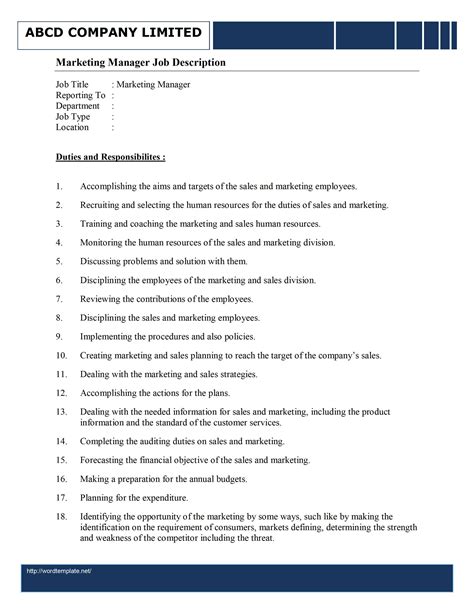 Marketing Manager Job Description Template