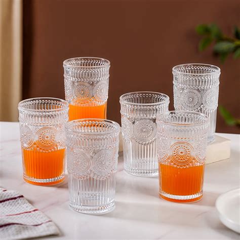 Embossed Tall Water Glass Set of 6 350ml Online - Premium Tumbler ...