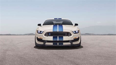 Get the 2020 Ford Mustang Shelby GT350 in Wimbledon White with Guardsman Blue stripes