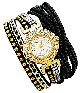 Mehrunnisa Black Multiband Crystals Wrap Bracelet Analog Watch for ...