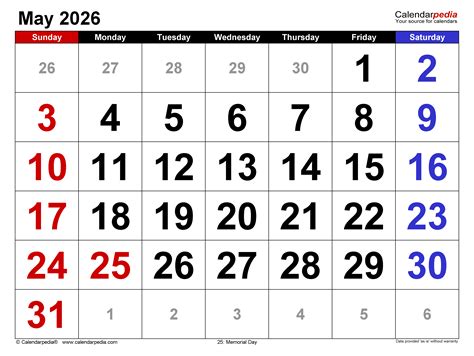 May 2026 Calendar | Templates for PDF, Excel and Word