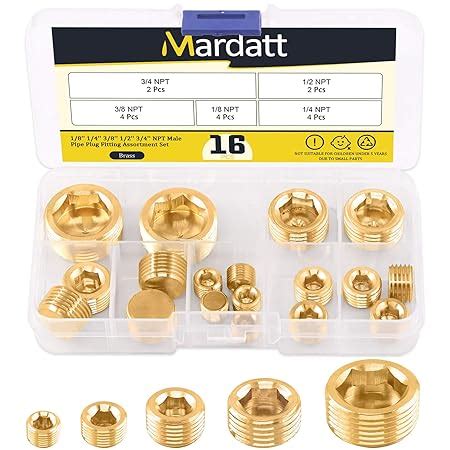 Mardatt 16Pcs 5 Sizes Brass NPT Plug Assortment Kit, 1/8" 1/4" 3/8" 1/2 ...