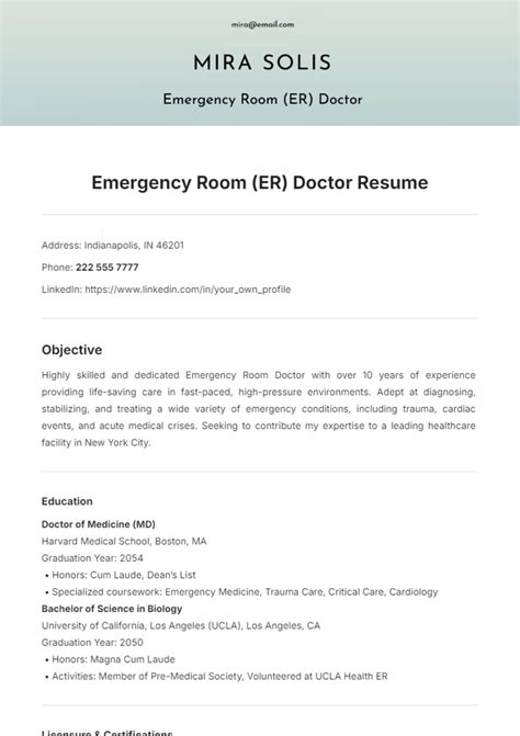 Free Emergency Room (ER) Doctor Resume Template to Edit Online