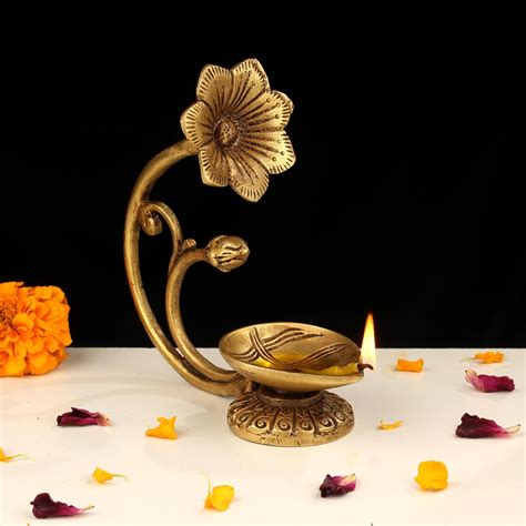 Buy SANDECO 6" Brass Flower Design Diya for Pooja Room Home and Temple ...